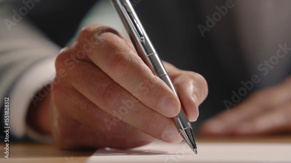Obraz A close-up image of a businessman’s hand holding a pen and signing a document, or business decisions. The focus on the hand and pen highlights the importance.