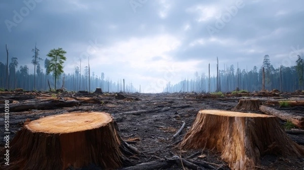 Fototapeta Burnt Forest Area With Tree Stumps and Charred Remnants Under Cloudy Sky