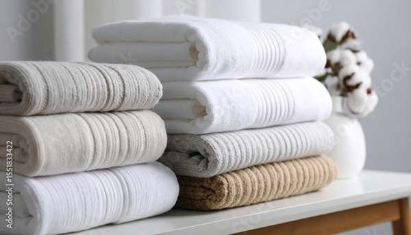 Obraz Stack of freshly folded towels on a table, symbol of comfort and cleanliness freshly