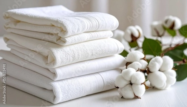Obraz Luxurious white towels and delicate cotton flowers, a serene spa experience soft