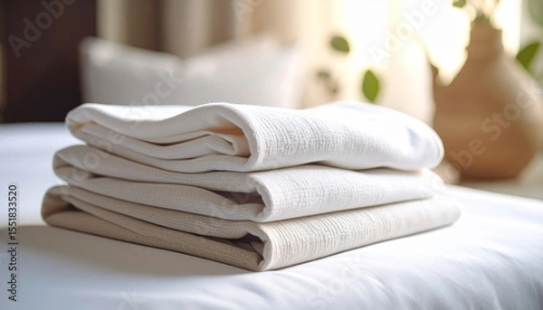 Obraz Stack of freshly folded towels on a made bed, creating cozy and inviting ambiance