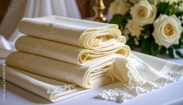 Obraz Neatly folded laundry, a stack of fresh, soft sheets on table, ready for storage