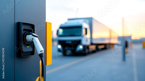 Obraz An electric charging station powers a modern semi-truck on an open road at sunset, highlighting sustainable transport technology.
