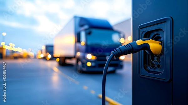 Obraz An electric vehicle charging station in focus with a large truck blurred in the background at dusk.