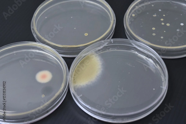 Obraz Colonies of bacteria growth on agar plate medium in laboratory.