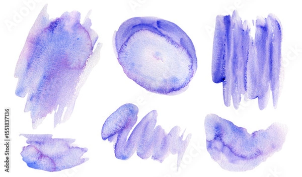 Fototapeta Abstract set of artistic granulate light purple and blue gradient watercolor liquid stains. Vibrant hand painted bright ultramarine violet textured watercolour blobs for banner design, poster