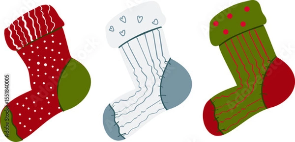 Fototapeta Set of three isolated cartoon Christmas socks with festive patterns in red, green, and blue on a white background. Ideal for winter designs, holiday cards, seasonal decor, and children’s prints.