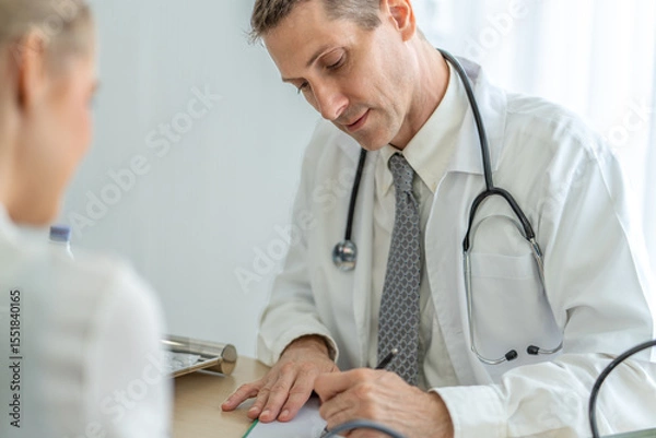 Fototapeta Senior male doctor and female patient discussing in detailed about health concerns and possible treatment plans at hospital. Medicine and health care concept