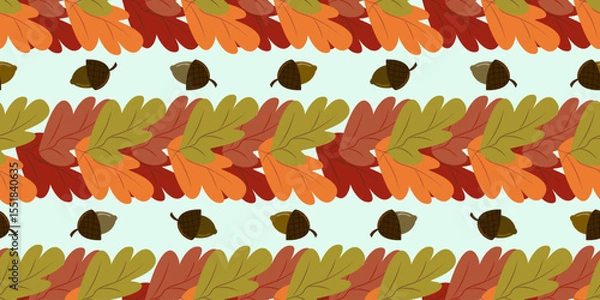 Fototapeta Playful seamless vector pattern of autumn oak leaves and acorns on a light blue background. Perfect for children's Thanksgiving decor, party supplies, and festive prints.