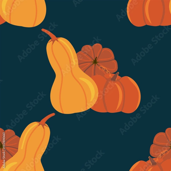 Fototapeta Repeating vector pattern of bright orange pumpkins and gourds on a deep teal background. Ideal for kitchen textiles, farm market banners, and autumn harvest themes.
