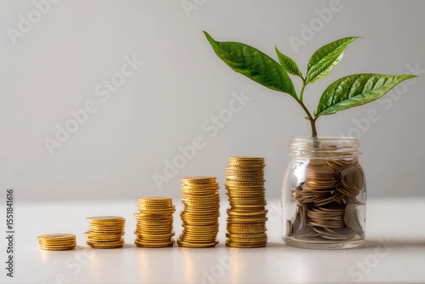 Fototapeta Golden coins stacked in ascending order beside a plant sprouting from a jar, representing economic growth and savings,