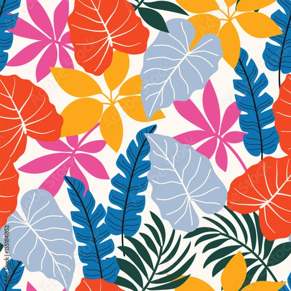 Fototapeta Abstract seamless tropical pattern with bright plants and leaves on a white background. Seamless botanical pattern with plants. Beautiful print with hand drawn floral plants.