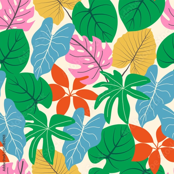 Fototapeta Abstract seamless tropical pattern with bright plants and leaves on a beige background. Botanical leaf seamless vector floral pattern background. Seamless exotic pattern with tropical plants.