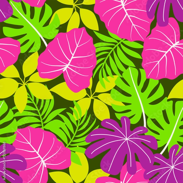 Fototapeta Abstract seamless tropical pattern with bright plants and leaves on a green background. Seamless pattern with colorful leaves and plants. Vector design. Jungle print. Floral background. 