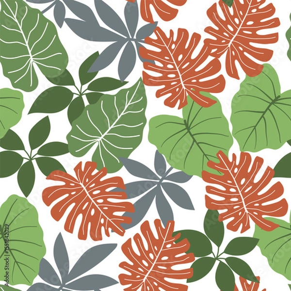 Fototapeta Abstract seamless tropical pattern with bright plants and leaves on a delicate background. Botanical leaf seamless vector floral pattern background. Tropical botanical.