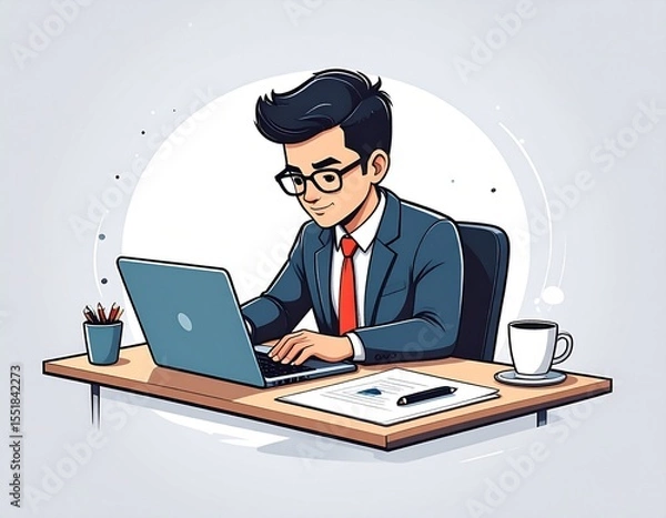Fototapeta Busy Professional Working on Laptop Computer in Modern Office Environment