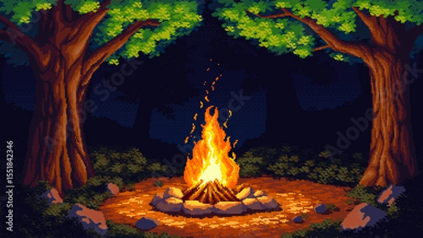 Fototapeta Pixel art scene of a night forest with a bright campfire. Stylized outdoor illustration with trees and glowing fire in the dark.