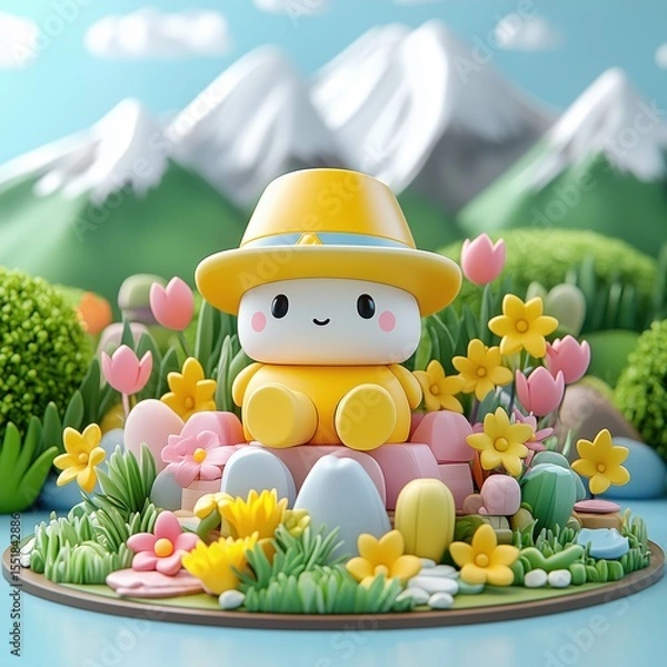 Fototapeta A cartoon character is sitting on a rock in a field of flowers