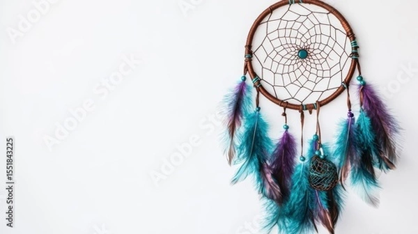 Fototapeta Teal, purple, and brown dreamcatcher with feathers on white background.
