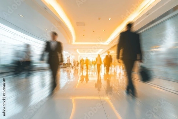 Obraz Busy office hallway with blurred people moving. Bright lights create dynamic urban scene. Ideal for business or city life themes.