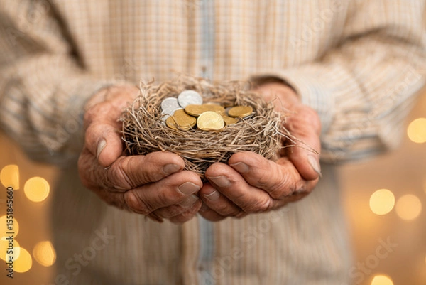 Fototapeta Elderly person holding a small nest egg with dollar coins inside, concept of retirement savings,
