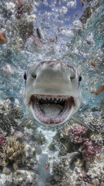 Obraz A close-up shot features a shark swimming near the surface of a coral reef, with an array of vibrant marine life, in crystal-clear blue water