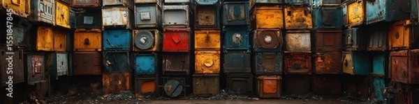 Obraz Colorful stacked industrial containers in an urban setting.