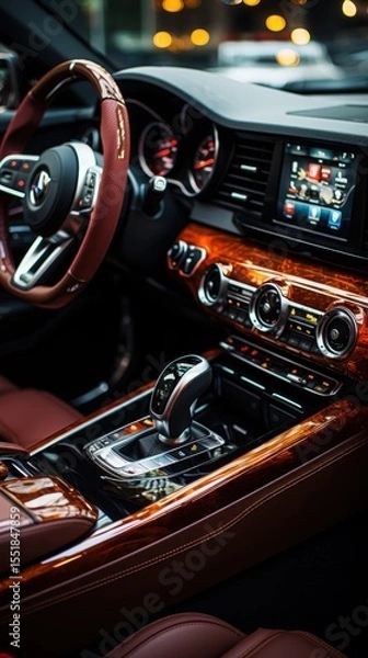 Obraz Luxury car interior with sleek dashboard design and leather seats.