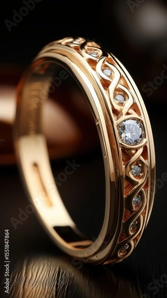 Obraz Elegant gold ring with intricate design and sparkling gemstones.