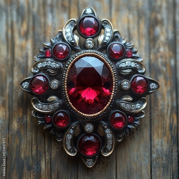 Obraz Elegant antique brooch with red gemstones on wooden surface.
