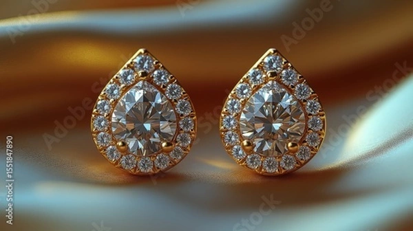 Obraz Elegant teardrop diamond earrings on satin fabric.