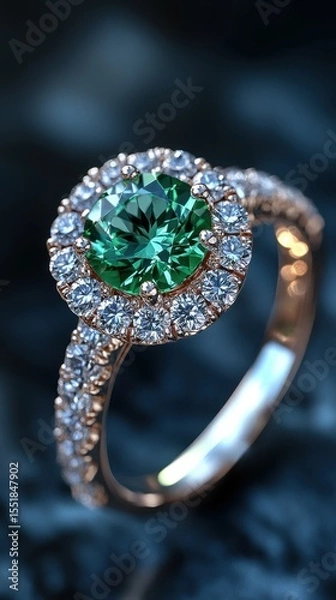 Obraz Elegant gold ring with a stunning green gemstone and diamond surround.