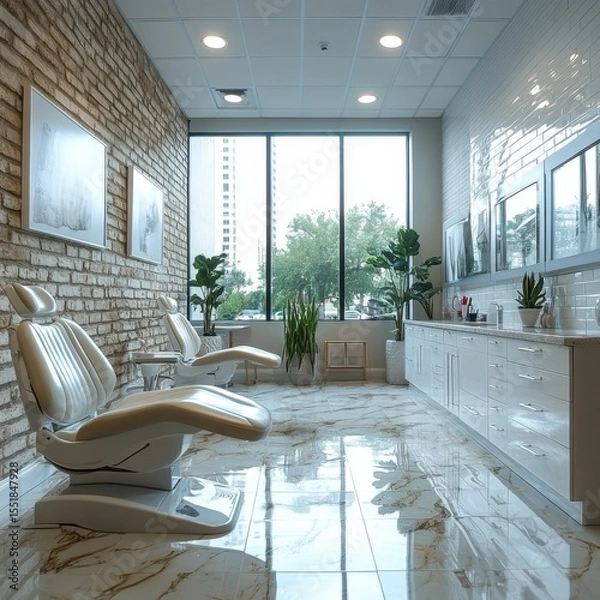 Obraz Modern and serene waiting area in a medical spa or clinic, featuring comfortable seating and large windows overlooking city views.