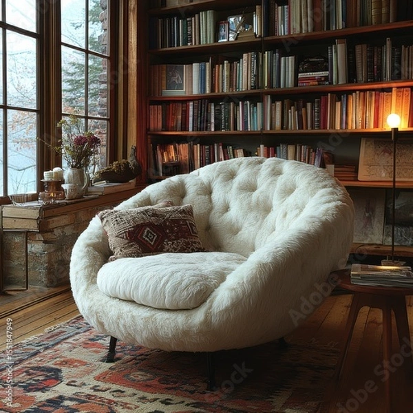 Obraz Cozy reading nook with a plush armchair, bookshelves filled with books, and a warm, inviting atmosphere.
