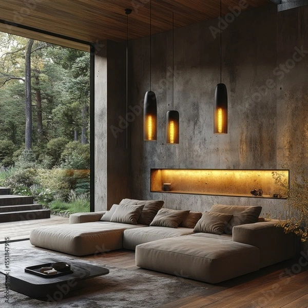 Obraz Modern living room with concrete wall, large sectional sofa, and stylish pendant lights.  Enjoy the serene forest view.