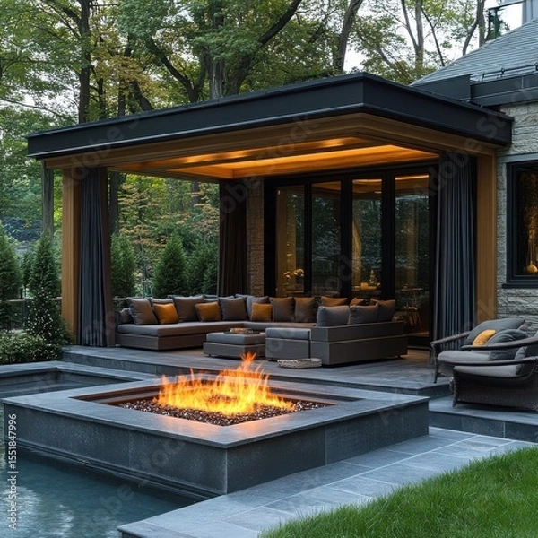 Obraz Modern outdoor patio with fire pit and comfortable seating area, perfect for relaxing evenings.