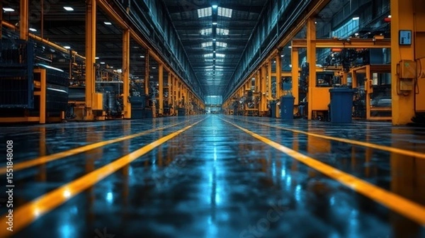 Obraz Modern factory interior with sleek machinery and bright lighting. Clean lines and reflective floors create a sense of industrial efficiency.