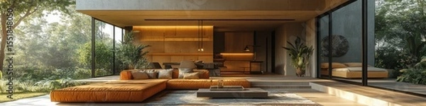 Obraz Modern minimalist living space with an orange sectional sofa, large windows overlooking a lush garden, and warm, earthy tones throughout the design.