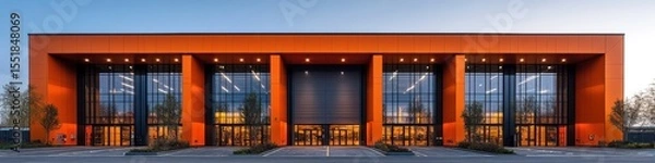 Obraz Modern orange building with large glass windows and multiple entrances.  Ideal for corporate or commercial use.