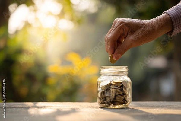 Fototapeta Close-up of hand dropping money into a retirement jar with sunlight in the background, concept of saving early,