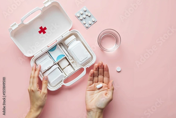 Obraz A flat lay photograph from above of female hands carefully laying out a first aid kit and medications against a soft pastel pink background.