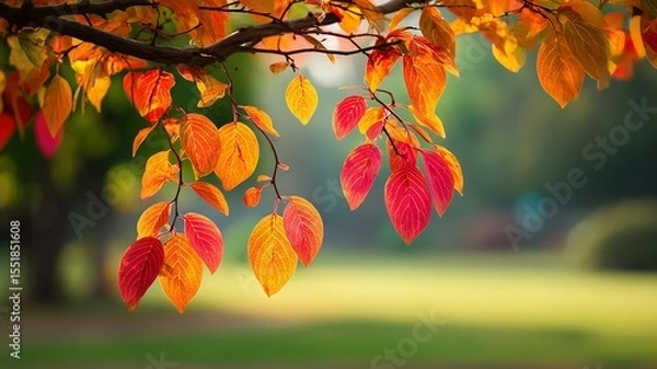 Fototapeta Mixed Red Orange Autumn Leaves Park Closeup Blurred Meadow Ambient Light

