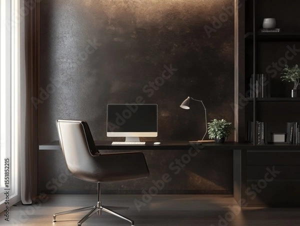 Fototapeta Trendy mocha monochrome workspace with sleek furniture soft lighting and minimalist atmosphere