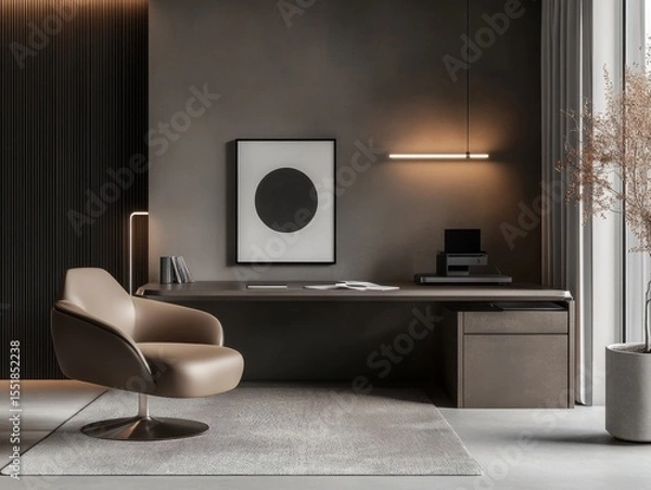 Fototapeta Trendy mocha monochrome workspace with sleek furniture soft lighting and minimalist atmosphere