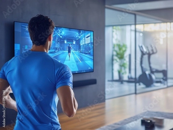 Fototapeta Virtual training session on large screen with person doing workout in cozy living room setting