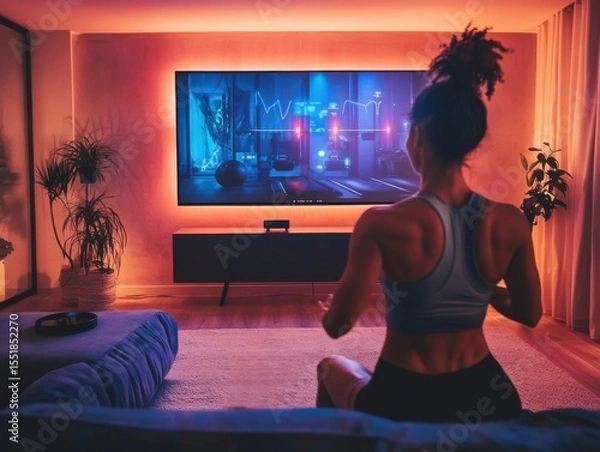 Fototapeta Virtual training session on large screen with person doing workout in cozy living room setting
