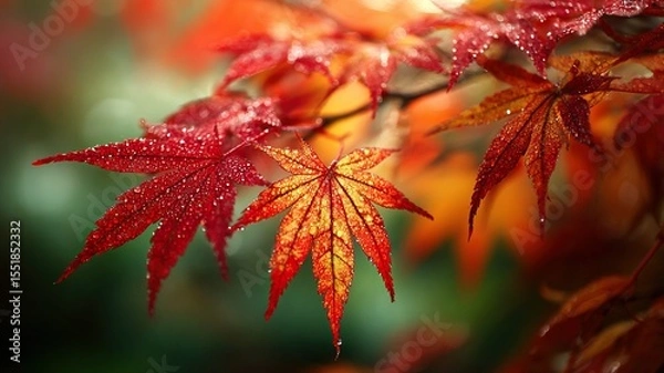 Obraz Autumn Tree Leaves Garden Macro Red Gold Dew Shallow Focus Serene
