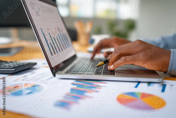 Fototapeta Young adult calculating monthly savings on a laptop with charts and financial statements in view, copy space for finance or economy-themed content.