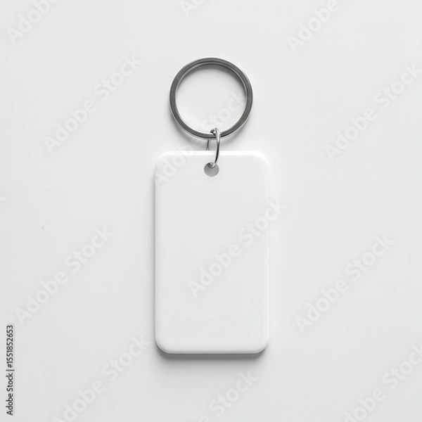 Fototapeta Blank white keychain tag with metal ring isolated on light background, customizable promotional accessory for branding, giveaways, souvenirs or identity labeling