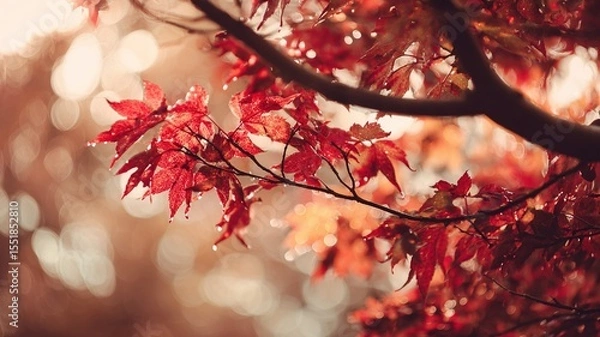 Obraz Forested Park Autumn Tree Scene Vibrant Red Honey Leaves Cream Bokeh
